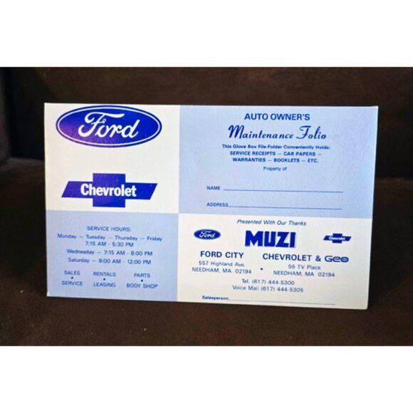 Muzi Ford Chevy Chevrolet Geo Needham MA Vintage Owners Maintenance Folio Unused - Picture 1 of 4